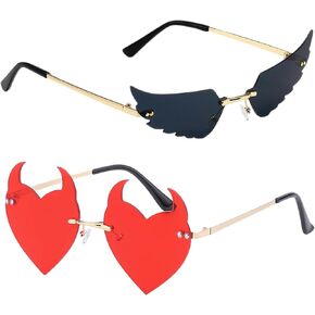 2 Pcs Halloween Devil Horns and Angel Wings Sunglasses for Women Costume Retro Novelty Funny Party Devil Ear Heart Shaped Glasses