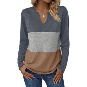 Zeagoo Women's Waffle Shirts V Neck Long Sleeve Tops Color Block T-Shirts Casual Tunics 2024 Fashion Basic Tees