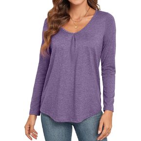 Long Sleeve Shirts for Women Casual V-Neck Pleated Fall T-Shirts Loose Fit Tunic Tops Blouses