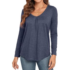 Long Sleeve Shirts for Women Casual V-Neck Pleated Fall T-Shirts Loose Fit Tunic Tops Blouses