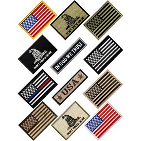 American Flag Patch 12pcs Bundle Set, Funny Vintage Hook & Loop Fastener Full Embroidery Tactical Morale Military Uniform Emblem Patches for Backpack, Dog Vest Harness, Army Gears Etc.2x3