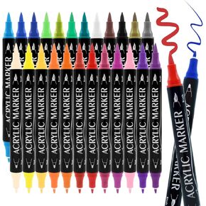 Acrylic Paint Markers 12 colors Dual Tip Paint Pens Markers Set with Brushed Tip & Fine Tip Acrylic Markers for Art Supplies Fabric Canvas Rock Glass Wood Paper and DIY Crafts Painting