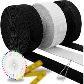 DailyTreasures 3 Pack 30 Yards Flat Elastic Bands, 1/2" 1" Mixed Size Elastic Knit Spandex Spool for Wig-Wide Elastic Spool Sewing Stretch Rope with Pins & Ruler for DIY Sewing Crafts(Black & White)