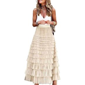 Long Tulle Skirt for Women Trendy High Waisted A Line Fluffy Fairy Mesh Layered Pleated Ruffle Skirt