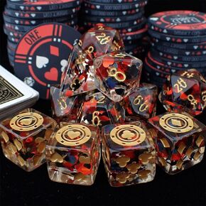 Poker 11 Dice Set with Real Poker Chip | Vegas Themed Gambler Polyhedral Dice Set | DND MTG Board Game Dice