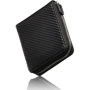 VOICE Carbon leather wallet for men bifold Thin Round Zipper box-shaped coin Purse In gift box (Black/Blue)