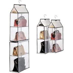 Hanging Purse Handbag Organizer for Closet, Purse Organizer with 4 Mesh Shelves Handbag Closet Purse Storage Bag (White-2Pack)