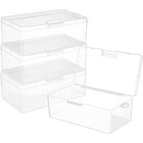 BENECREAT 4Pcs Rectangle Plastic Container Box, 6.3x3.5x2.4Inch Small Clear Storage Organizer with Lids for Beads, Jewelry, Small Craft Accessories Office Supplies