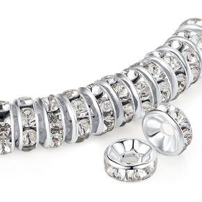 ZHIYUXI 200PCS Sliver Plated Spacer Beads for Jewelry Making 8mm Crystal Rhinestone Sliver Rondelle Spacers Beads for Bracelets Necklaces