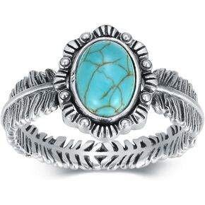 Native American Natural Turquoise Ring for Women Western Style Feather Rings 925 Sterling Silver Jewelry Gift for Birthday Mother's Day