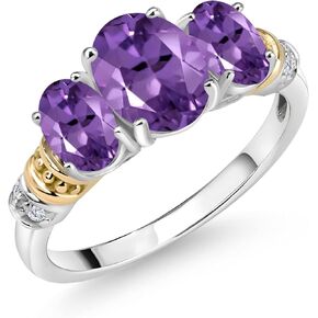 Gem Stone King 925 Sterling Silver and 10K Yellow Gold Oval Purple Amethyst and Accent Diamond 3-Stone Ring For Women (2.08 Cttw, Gemstone February Birthstone, Available In Size 5, 6, 7, 8, 9)