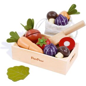 PairPear Wooden Play Food Cutting Seafood Set - Toddlers Wooden Toy Food Pretend Play Kitchen Accessories for 3 Years Old Boys Girls Early Education Toys Gift