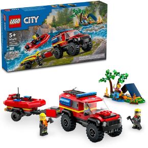 LEGO City 4x4 Fire Truck with Rescue Boat Toy for Kids Ages 5 and Up, Pretend Play Toy for Boys and Girls with a Truck Toy, Trailer, Dinghy and Tent, Plus 1 Camper and 2 Firefighter Minifigures, 60412