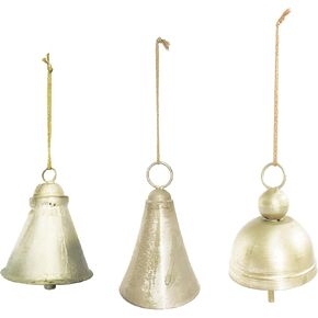 Creative Co-Op Hanging Metal Bells on a Gold String, Distressed Pewter Finish, Set of 3