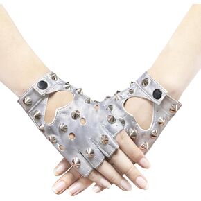 1 Pair of Half Finger Dance Gloves PU Leather Gloves Heart Cutout Punk Rivet Fingerless Gloves for Halloween Costume Dress Up