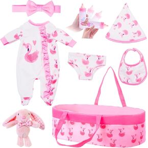 UNICORN ELEMENT 8PCS Baby Doll Clothes & Accessories with Bassinet for 17-22 Inch Dolls, Flamingos Baby Doll Clothing Fit Reborn 18 Inch Dolls for Toddlers 3+