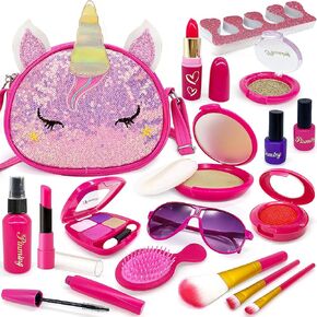 Pretend Makeup Kit for Toddlers Girls, Play Makeup Set for Kids 3-5, Unicorn Toy Purse with Fake Make up for Little Girls 4-6, Gifts for 3 4 5 6 7 8 Year Old