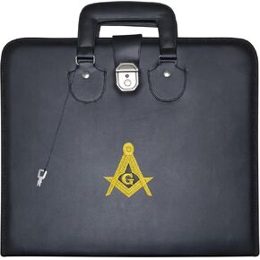 Masonic Master Mason Apron Case – Machine Embroidered (Black Leather), MM Provincial Size | Freemason Carrying Bags