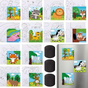 Dunzoom 48 Pcs Pre Printed Canvas 4 x 4 Inch Kids Painting Canvas Panels Mini Pre Drawn Animal Canvas with 48 Pcs Bulk Magnets for Kids Student Beginners Art Party Fridge Sticker Gift