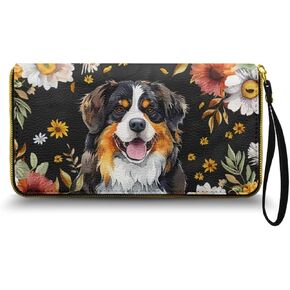 Bernese Mountain Dog Printed Wristlet Wallets for Women, Flower Zip Around Wallet Leather Phone Holder Clutch Travel Purse Wristlet, Portable Clutch Purse Handbag with Grip Hand Strap