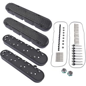 Black 2Pcs LS Finned Cast Valve Covers w/Coil Mounts & Covers Replacement for Chevy SBC LS V8 293 325 376 427 LS1 LS2 LS3 LS6 LS7