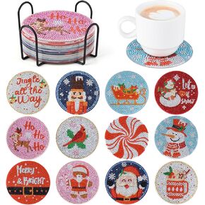 Diamond Art Christmas Coasters 12 Pcs Christmas Diamond Painting Kits 5D DIY Diamond Painting Coasters for Beginners, Kids,Christmas Crafts for Adults Anti-Slip Diamond dotz Coasters with Holder