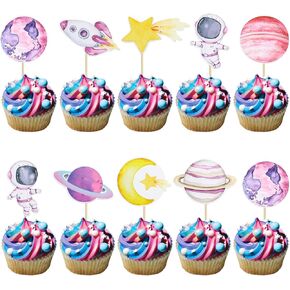 Ephlyn 36Pcs Space Astronaut Cupcake Toppers Space Girl Moon Star Rocket Planet Cupcake Toppers Earth Planet Cupcake Picks Space Theme Gender Reveal Birthday Shower Party Supplies Pink
