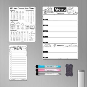 Dry Erase Menu Board for Fridge Magnetic, Weekly Meal Planner Whiteboard Set for Refrigerator - Menu White Board for Kitchen with Conversion Chart & List Board, 3 Markers + Eraser