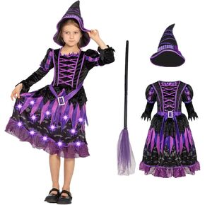 Light Up Witch Costume for Girls with Broom Halloween Costumes Kids Toddler with Broom Role Play Dress Up