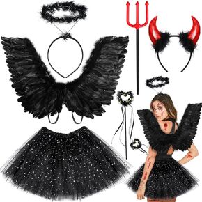 MOVINPE Black Angel and Dark Devil Halloween Costume Accessories Set for Women, Fallen Angel Wings Halo Tutu Skirt Wand Devil Horns Headband Trident Cosplay Party Accessories
