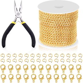 Swpeet 102Pcs Silver 3mm Jewelry Making Chains Kit with Jump Rings, Lobster Clasps and Jewelry Plier, Necklace Chains Flat Cable Link Chain Bulk Ideal for DIY Craft Jewelry Chain Making