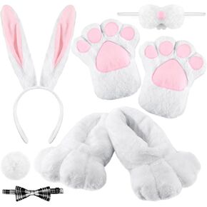 6 Pcs Halloween Bunny Costume Accessories Kit Includes Bunny Shoes Ear Headband Nose Tail Rabbit Bow Tie Gloves