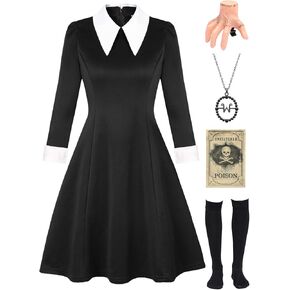5pcs Adult Halloween Costumes for Women Black Dress Family Cosplay with Necklace Socks Thing Hand Hairpin Sticker