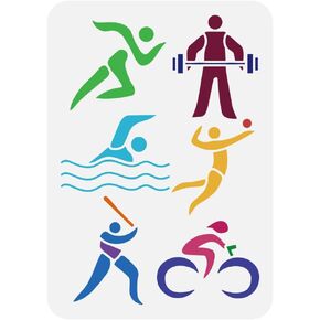 FINGERINSPIRE Sports Figures Stencil 8.3x11.7Inch Running Sports Painting Stencils Weightlifting Swimming Drawing Large Stencils Playing Ball Riding Sports Templates for Tiles Floor Furniture Wood
