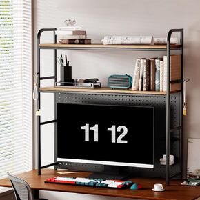 Desktop Bookshelf with Colorful LED Strip, 2-Tier 37.4" Multipurpose Wood Desk Hutch Bookshelf Desk Freestanding Storage Rack Organizer.