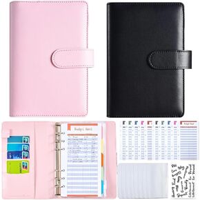2 Set Budget Binder, Money Saving Binder with Cash Envelopes, Budgeting Book Notebook with Cash Envelopes, Expense Sheets, Bill Organizer Binder (Black+Pink)