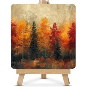 Fall Art Autumn Wood Sign with Easel Vintage Fall Forest Wood Plaque Decor for Home Living Room Desk Shelf