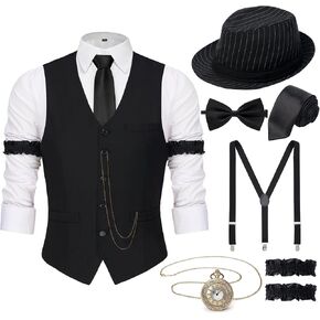 YESSA 1920s Mens Costume,Roaring 20s Costumes for Men,Great Gatsby Costume Men,1920s Mens Outfit Hat Vest Pocket Watch