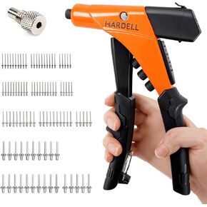 HARDELL Rivet Gun Heavy-Duty, Professional Pop Rivet Gun Kit with 100Pcs Rivets & 4 Tool-Free Interchangeable Heads, Manual hand rivet tool for Metal, Wood, Plastic