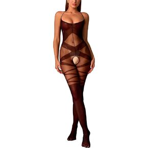 Women's Mesh Lace Fishnet Lingerie Cut Out Bodysuit Negligee Sexy Tights Striped Garter Mesh Stockings