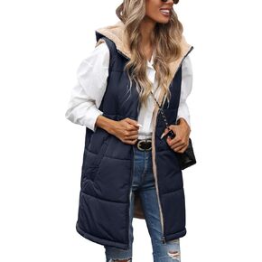 Womens Long Puffer Vest Fall Sleeveless Fleece Vest Reversible Vests Zip Up Winter Coat Fleece Jacket Long Hoodie