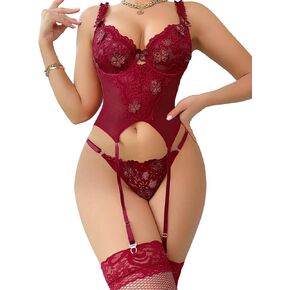 Sexy Corset Underwire Lace Floral Mesh Sheer Garter Belt Lingerie Set 3 Piece