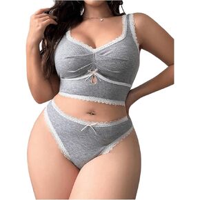 Women's Plus Size 2 Piece Lingerie Set Cut Out Bow Lace Bralettes and Mid Rise Briefs Set