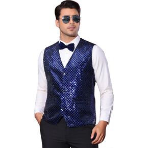 Lars Amadeus Argyle Sequin Vest for Men's V-Neck Party Nightclub Shiny Sleeveless Suit Metallic Waistcoat