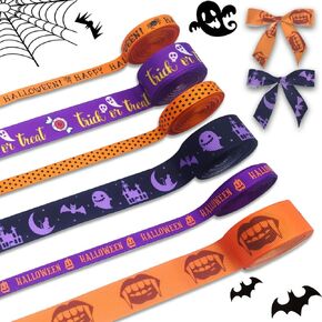6 Rolls 30 Yards Halloween Ribbons, Happy Halloween Colorful Grosgrain Ribbons Orange Bat Pumpkin Ribbon Dot Trick or Treat Ghost Purple Ribbon for Gift Wrapping DIY Crafts Halloween Party Decor