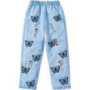 WDIRARA Toddler Girl's Butterfly Print Ripped Jeans Elastic High Waist Straight Leg Denim Pants