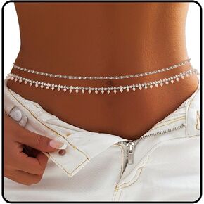 Bohend Layered Rhinestone Waist Chain Silver Belly Chains Pearl Belt Jewelry Body Chain Adjustable Accessories for Women and Girls
