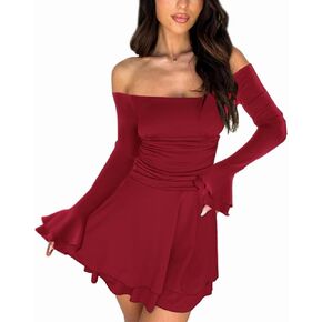 MiiVoo Women's 2024 Fall Long Sleeve Tube Dress Sexy Off Shoulder Ruffle Tiered Flowy Bodycon Mini Dresses