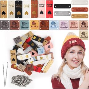 Aeelike Crochet Tags for Handmade Items 80 Pcs, Colorful Leather Tags for Crochet Items 3 Types, Leather Tag with 50 Pcs Rivets, Handmade Tags for Crochet Knitting Hats, Jeans and DIY Crafts