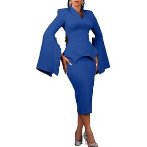 Voghtic Women's Bodycon Pencil Dress Elegant V Neck Long Ruffles Sleeve Business Office Formal Work Midi Evening Dress